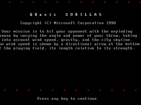 Gorillas: Title screen and instructions