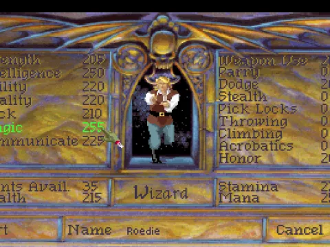 Distributing skill points to modify your character stats. Note the new acrobatics skill