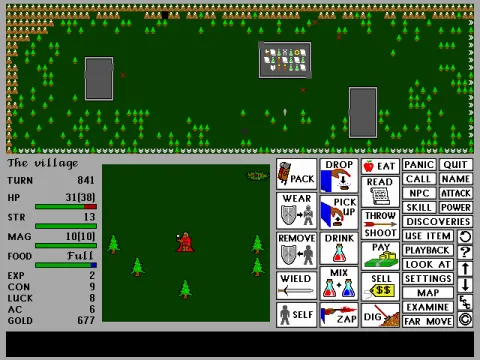 As you can see, Valhalla is a more detailed graphical version of <moby game=Rogue>Rogue: The Adventure</moby>, consisting of the overview map, close-up map and command icons. This is an example of the