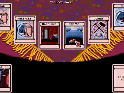 Character creation: each race is represented by a symbolic picture.