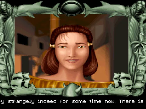 Conversing with the priestess.