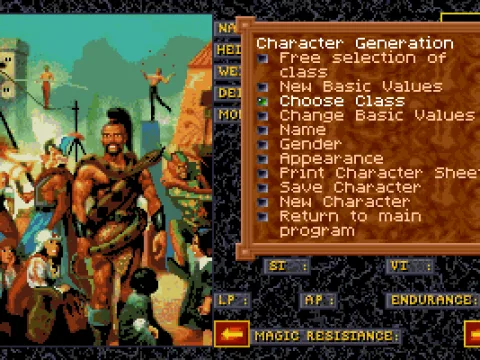 Character generation menu