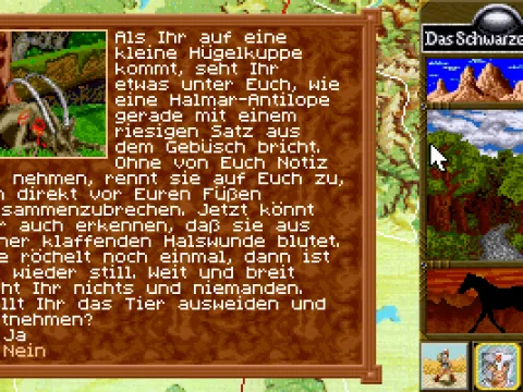 Random encounters during the travels are shown in a dialog box