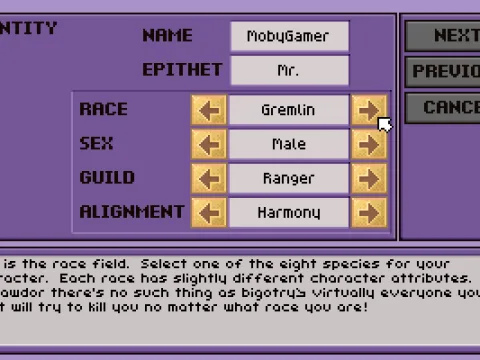 Naming a new character and making a few important decisions