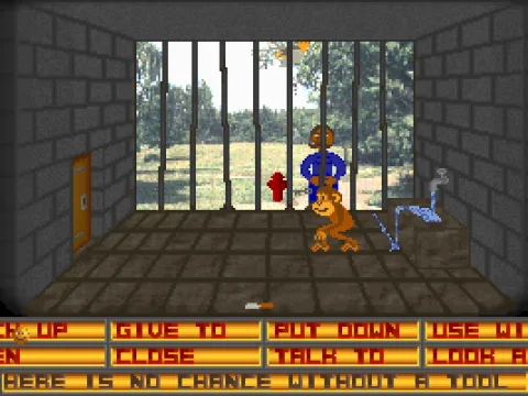 Stuffing the banana into the water trough makes it flow over. The zookeeper comes to check and I can steal his key!