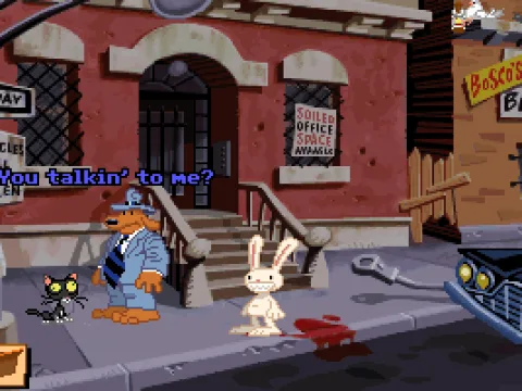 Outside of the office. Anything can happen in the world of Sam and Max - including kittens talking in gruff macho voices