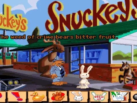 Talking to Max. Note the dialogue icons. The duck icon can be used to say weird things - just like now