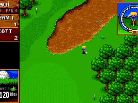 Top right: Strike indicator. Bottom right: Different tree set. Middle: Golfer pondering sand bunker.