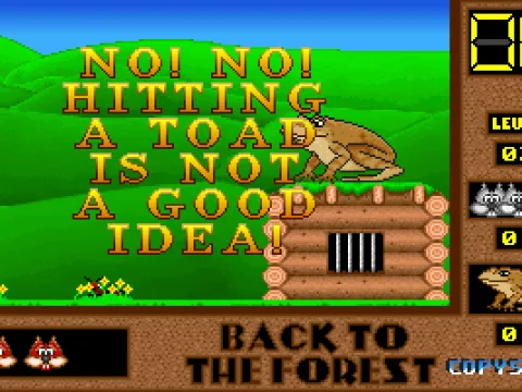 This is in level 2. There's the prison. To free the occupants Skunny must dispose of the toad but first he must find his golden nuts