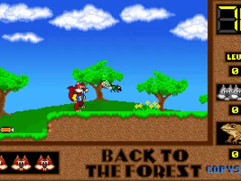 This shot shows baddies, disposed of by jumping on them, and things to collect like the sweet in the lower left