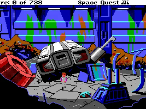 Roger Wilco in a big pile of garbage