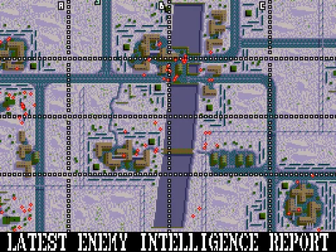 The excellent overview map. Red dots show enemy positions, the grid helps locate the mission targets.