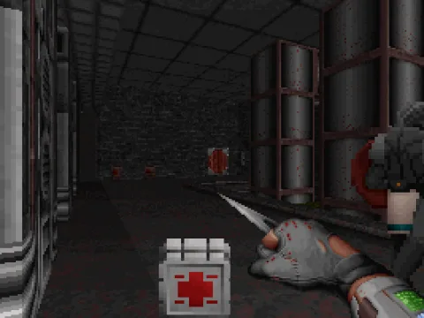 The game starts here. A comically large health kit is in front of you. You hit the air with your starting weapon. A standard low-level enemy walks away politely