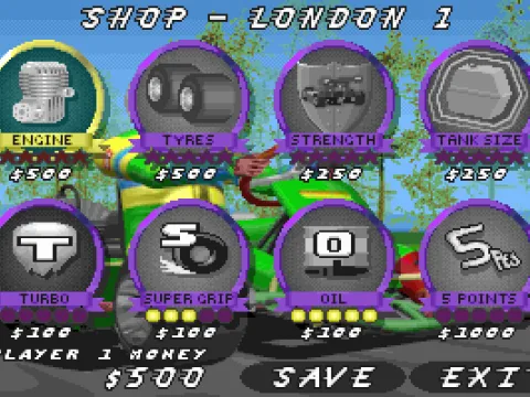 Buying parts and weapons before the next race.