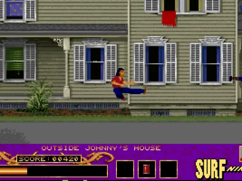 Still level one, Johnny does a flying kick.