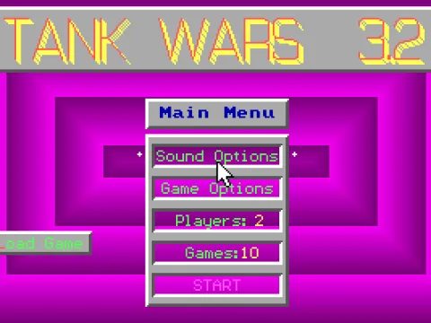 The game's main menu. The name is Tank Wars, the version is 3.2