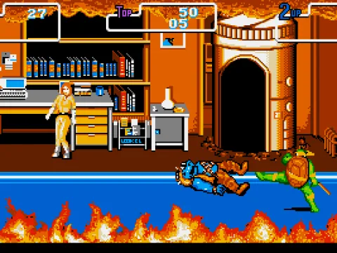 Stage 1 boss: Rocksteady gets kicked across the room.