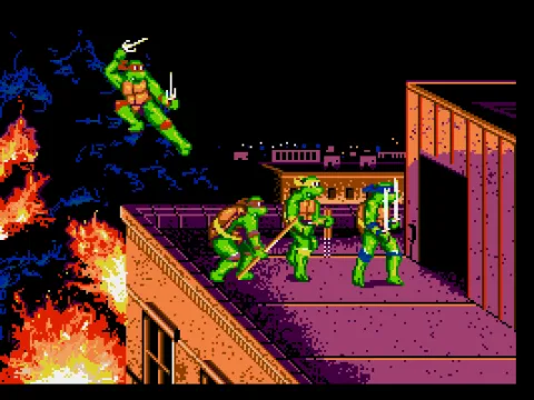 Intro: The four turtles rush to rescue April from the burning house.