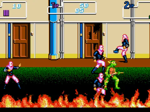 Stage 1: Michelangelo fights off Foot Clan warriors in the burning house.