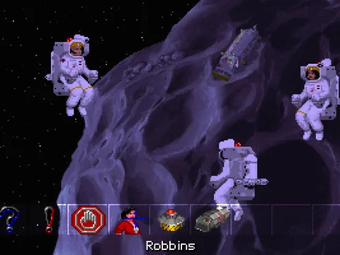 Conversation topics are displayed as the three astronauts start a seemingly mundane scientific task...