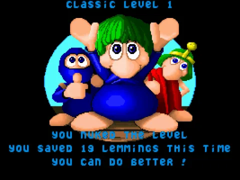Yay! We saved 19 of 20 lemmings, and the three tribes are happy.