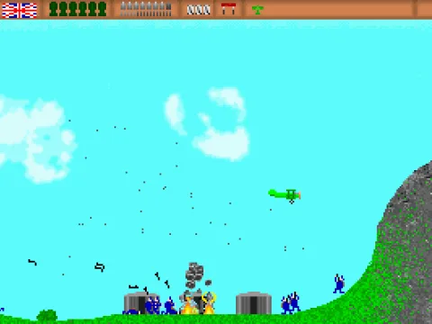 The enemy base; each end of the game area is bounded by mountains.