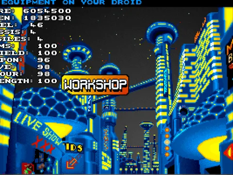 The cityscape of Neo Tokyo is the main menu between levels where you visit shops and equip your robot.