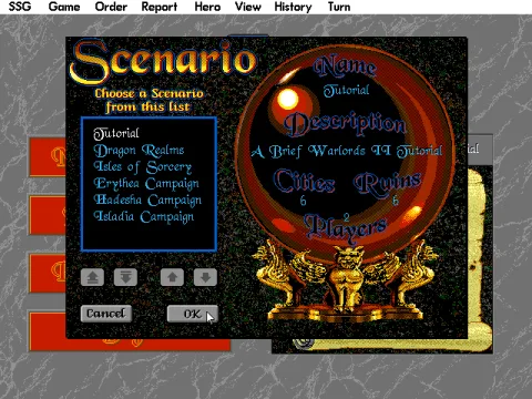 Choosing a scenario, note the tutorial.