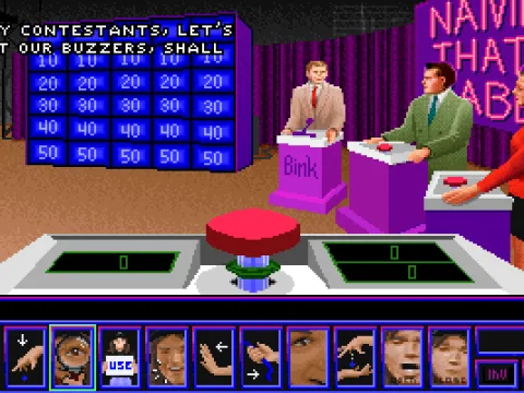 Wayne (1st person view) partaking in a Jeopardy parody called