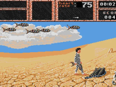 The desert: Whack strange jumping creatures with a fish.