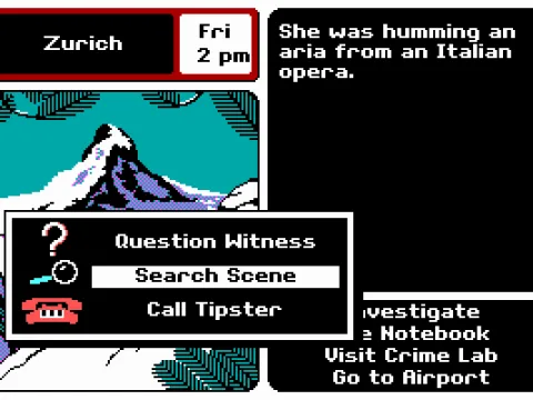 Investigate by questioning witnesses, searching the scene, or calling the Tipster