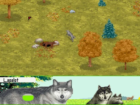 An ingame screenshot, showing both your wolf and a pack member.