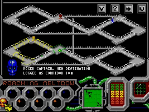 The automap shows space station Beacons two levels and four sections. Infected areas are highlighted green or yellow. Droids are controlled from this map.