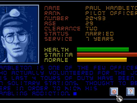 The fact sheet for one of the three humans aboard the station. You control only one at a time, but can switch between them at leisure.