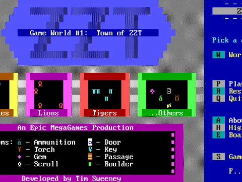 The title screen of the world's first ZZT game.