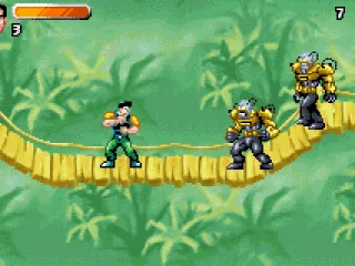 Fighting on a rope bridge.