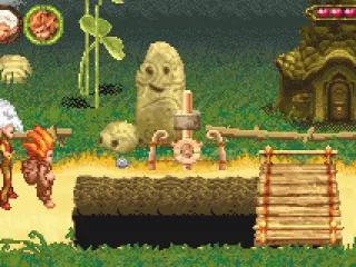 The mechanism which makes to platform move must be hit with a stone to be activated.