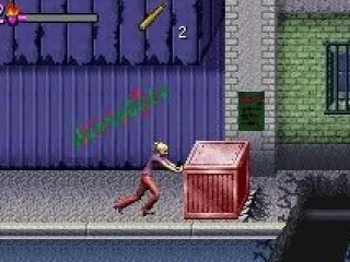 Buffy pushes a crate.