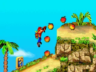 To collect some Wumpa Fruits, Crash is forced to jump'n a cliff.