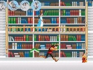 Dropping books on Gaston in the library.