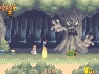 Snow White avoids danger in the enchanted forest.