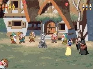 Snow White battles the evil queen, who is in disguise as an old hag.