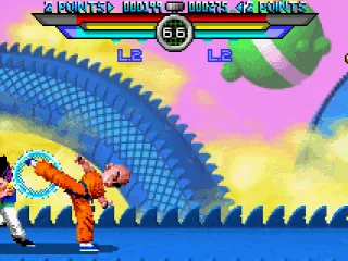 Krillin high-kicks Gotenks