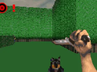 Knife fighting with a dog, as a goon with gun is running around the corner