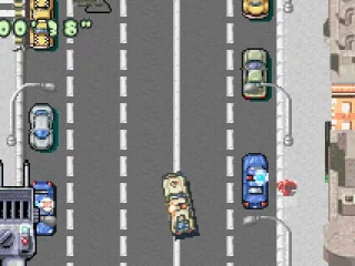 You drive to levels in the Ecto-1 car.