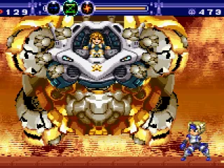 The boss tries to squash us with Yellow's ship.