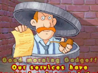 Like in the show, Chief Quimby comes out of a random place (in this case a garbage bin) and gives Gadget the mission briefing