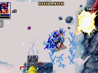 Hawkgirl uses her special attack to take out a wall-gun.