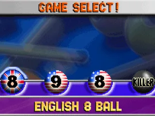 Game select: English 8 Ball, U.S. 9 Ball, U.S. 8 Ball, Killer