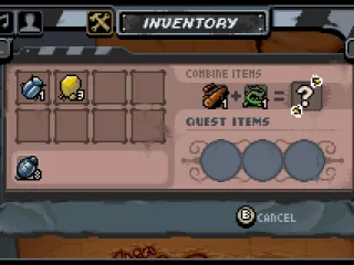 Inventory screen. Some items can be combined to create a new ones.